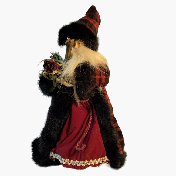 Other - Santa Claus Figure Tree Topper Red Plaid Coat Faux Fur Brocade Trim Wood Scepter